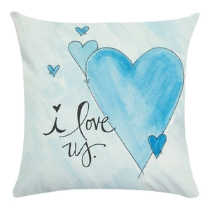Soft square throw pillow cover with blue heart design and 'i love us' text on white fabric