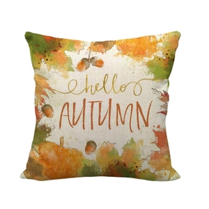 Linen autumn throw pillow case with pumpkins and hello autumn watercolor illustration