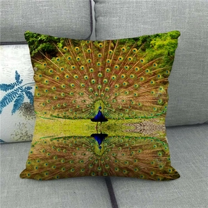 Close-up of peacock feather print on linen pillowcase with realistic water reflection