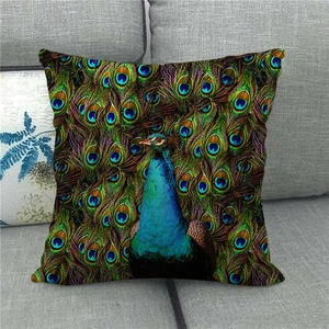 Detailed peacock feather pattern texture on a square linen cushion cover for sofa