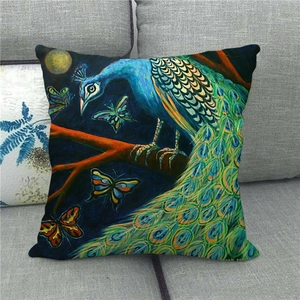 Artistic peacock oil painting linen pillow cover on sofa for home decoration