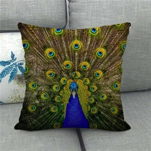 Detail of colorful peacock oil painting pattern on high-quality linen throw pillow case
