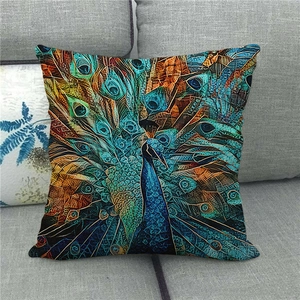 Peacock oil painting style linen pillow cover on a modern gray fabric sofa