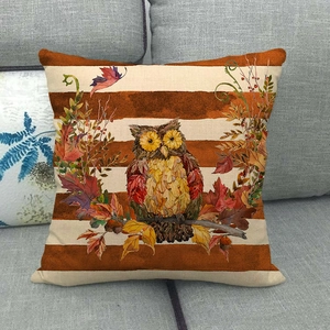 Cute owl and autumn leaves pattern on striped linen pillow cover for home sofa decor