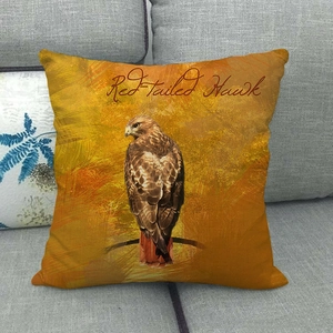 Detailed back view of a Red-Tailed Hawk printed on a textured linen decorative pillowcase