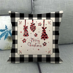Detail of Christmas pillowcase with buffalo plaid tree and Merry Christmas text