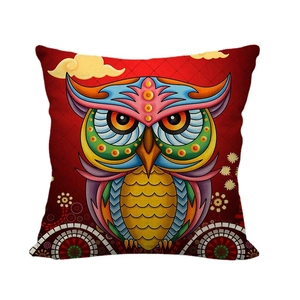 Linen square throw pillow cover featuring a colorful cartoon owl on a red background