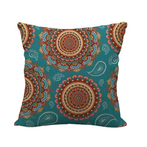 Blue bohemian mandala and paisley pattern linen throw pillow case on white background