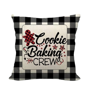 Merry Christmas gingerbread man linen pillow cover with buffalo check border and text