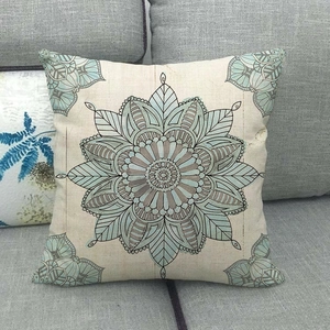 Macro detail of Bohemian mandala pattern on durable linen texture throw pillow cover