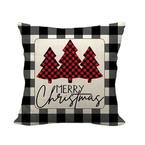 Merry Christmas plaid pine tree linen pillowcase with black and white buffalo check borders