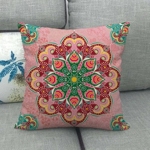 Detail shot of a bohemian mandala linen pillowcase featuring vibrant geometric patterns