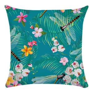 Detail of tropical soft pillowcase with palm leaves, frangipani flowers and dragonfly