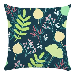 Close-up detail of soft square pillowcase with green leaves and parrot floral pattern
