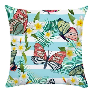Detail of tropical pillowcase with colorful butterfly, plumeria flower and palm leaves