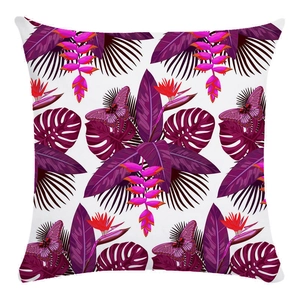 Tropical throw pillow cover featuring purple leaves, pink flowers, and butterfly motifs
