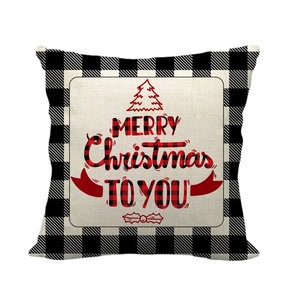 Merry Christmas linen pillowcase with black and white buffalo check borders