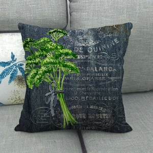 Vintage linen throw pillow cover with botanical print and antique French text design