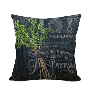 Vintage linen pillow cover with herb botanical print and blue ribbon on charcoal base