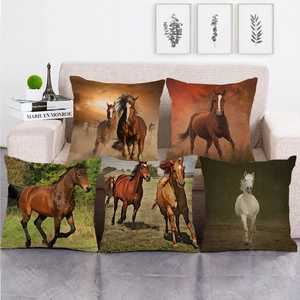 Running Horse Cushion Cover Linen Decorative Pillowcase Oil Painting Animal Print Square For Couch Sofa Living Room