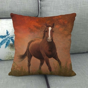 Detailed texture of linen cushion cover featuring a running horse oil painting on a gray sofa