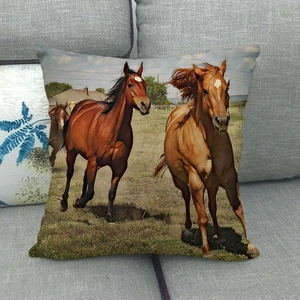 Linen throw pillow cover featuring running horses oil painting design for sofa decor