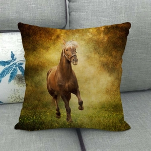 Close-up of running horse oil painting pattern on textured linen decorative cushion cover