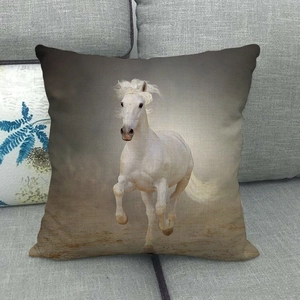 Detailed texture of linen throw pillow featuring a running white horse oil painting