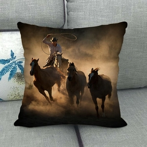 Detailed view of horse oil painting pillowcase on a grey sofa with warm lighting