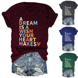 Detail view of round neck short sleeve T-shirts in burgundy, gray, blue, and green