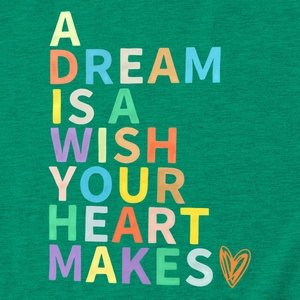 Detailed view of colorful quote print and heart pattern on green cotton t-shirt fabric