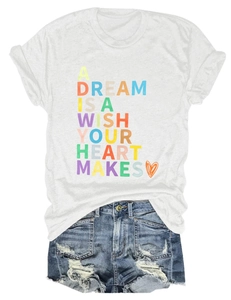 Detail of casual white T-shirt with heart print and distressed blue denim shorts