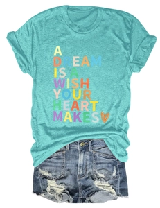 Flat lay of lake green T-shirt with heart text print and ripped denim shorts