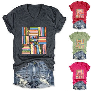 Detail of V-neck cotton T-shirt featuring 'READ MORE BOOKS' print in multiple colors