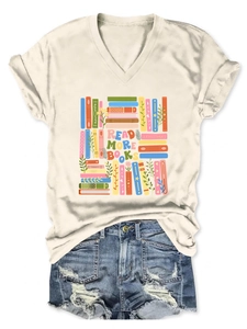 Detail view of V-neck cotton T-shirt featuring Read More Books graphic print and soft texture