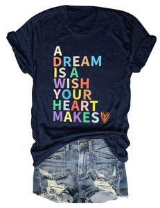 Detail of navy cotton T-shirt featuring colorful heart typography and denim shorts