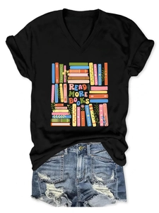 Detailed close-up of V-neck cotton T-shirt with Read More Books colorful graphic print