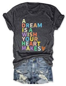 Detail of grey crewneck T-shirt with inspirational text and ripped denim shorts set