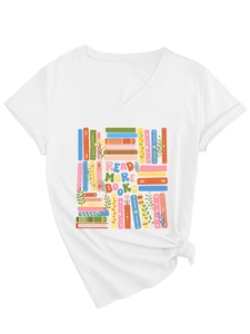 Detail of V-neck white T-shirt featuring 'READ MORE BOOKS' print and stylish side knot design