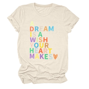 Detail of colorful slogan print on cream cotton crewneck t-shirt with soft fabric texture