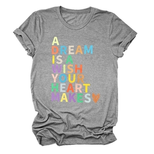 Close-up of Heather Grey T-shirt with A Dream Is A Wish Your Heart Makes typography