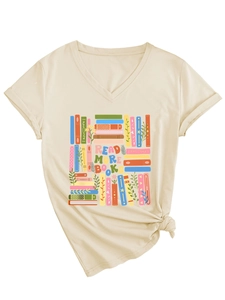 Detail of cream V-neck T-shirt featuring 'READ MORE BOOKS' floral graphic and side knot