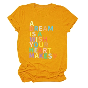 Detail of ginger yellow cotton t-shirt with A Dream Is A Wish Your Heart Makes print