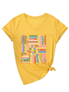 Detail of yellow V-neck t-shirt with Read More Books graphic and knotted hem detail