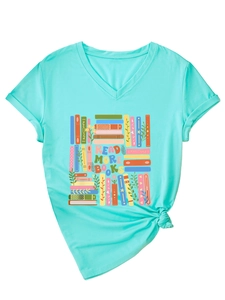 Detail of mint green V-neck T-shirt with 'Read More Books' print and front knot design