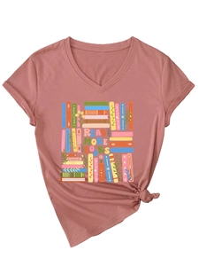 Detail of V-neck cotton T-shirt featuring Read More Books floral print and knotted hem