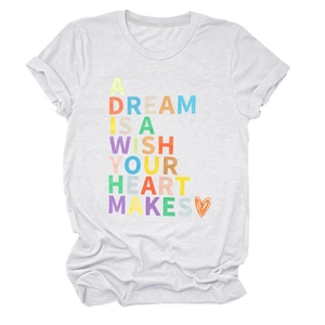 Detailed flat lay of white crew neck T-shirt with colorful quote print and heart icon