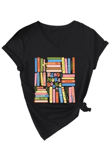 Detail of V-neck black T-shirt featuring colorful Read More Books print and front hem knot