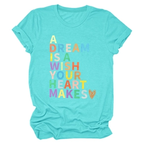Detail of the turquoise t-shirt showing colorful printed inspirational text and heart