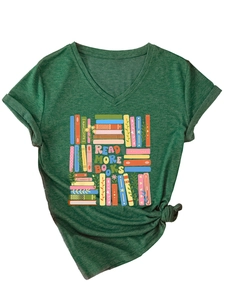Detail of V-neck dark green t-shirt with Read More Books print and side knot design